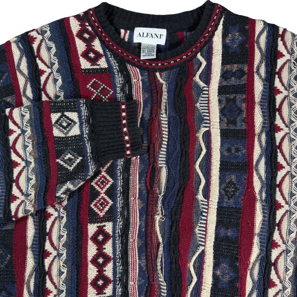 Alfani 3D Knit Sweater Mens Large Multi Color Geometric Vintage Pullover Coogi